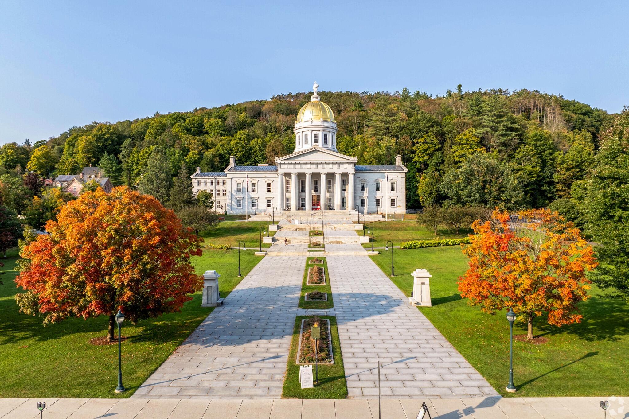 Vermont State House and autumn foliage