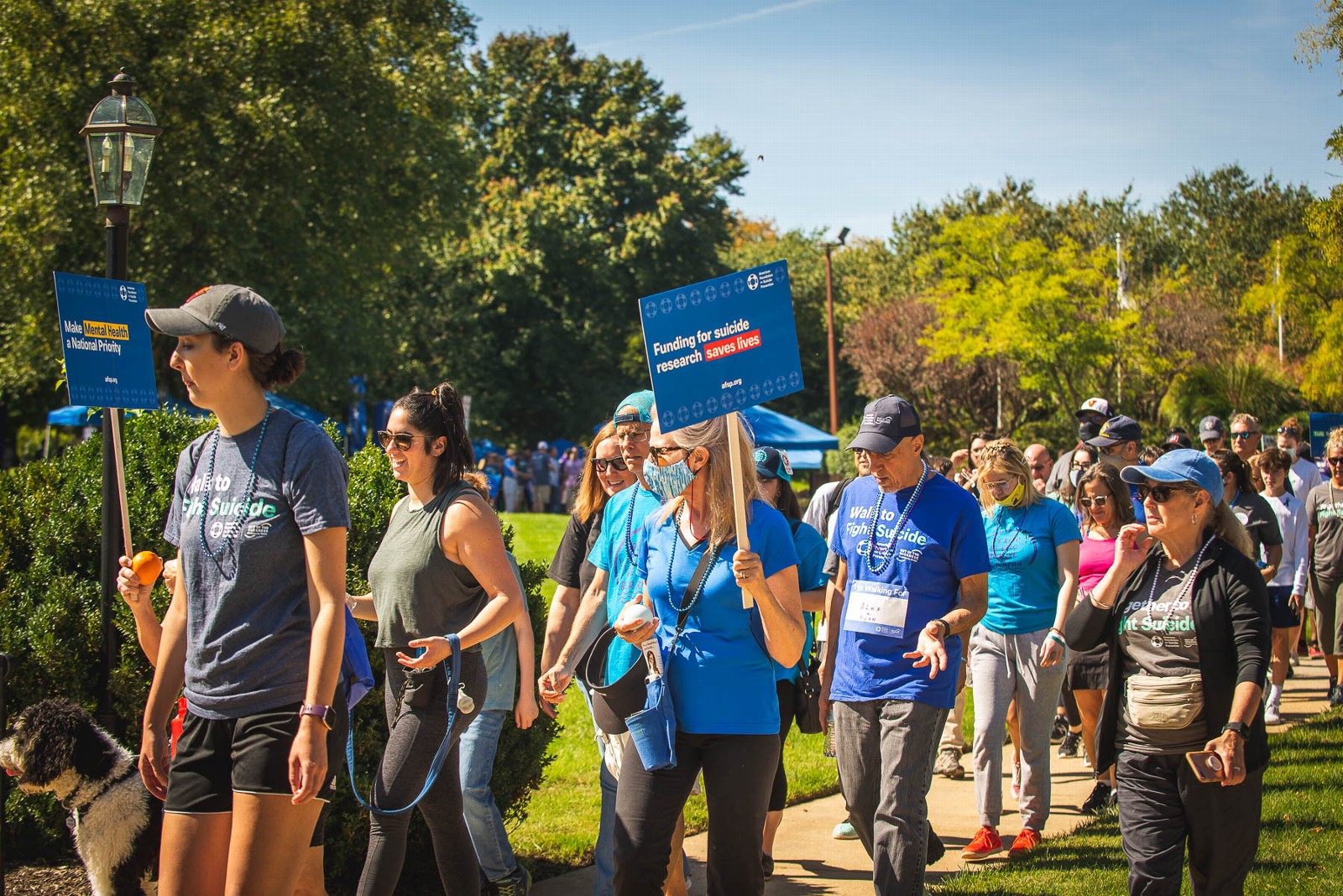 Participants walking outdoors with awareness signs