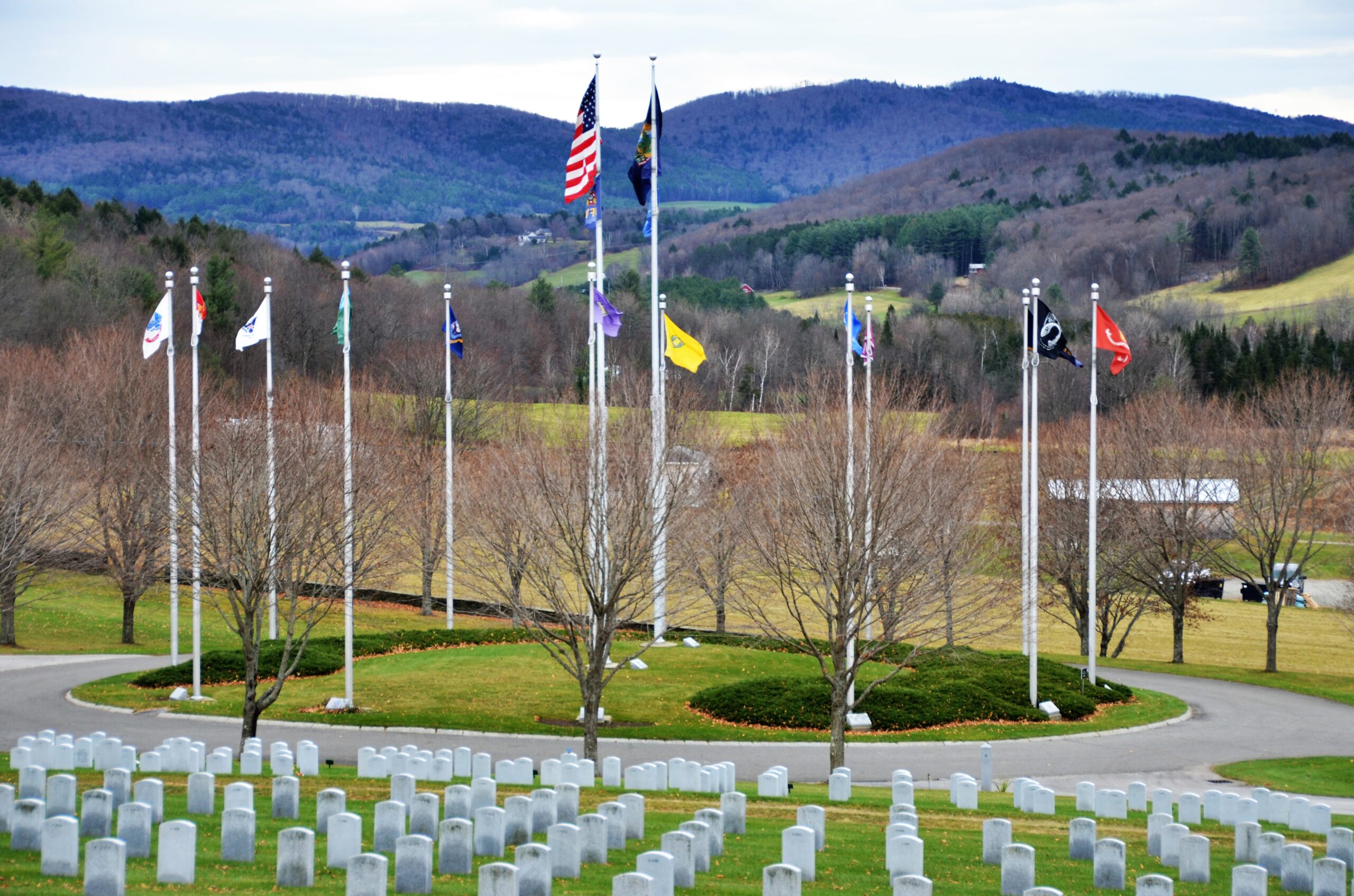 Rows of headstones and flagpoles in a veterans cemetery