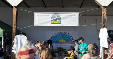 People gathered at an outdoor stage under a fair banner