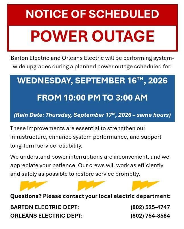 Barton and Orleans Electric scheduled outage notice for September 16, 10 p.m. to 3 a.m.