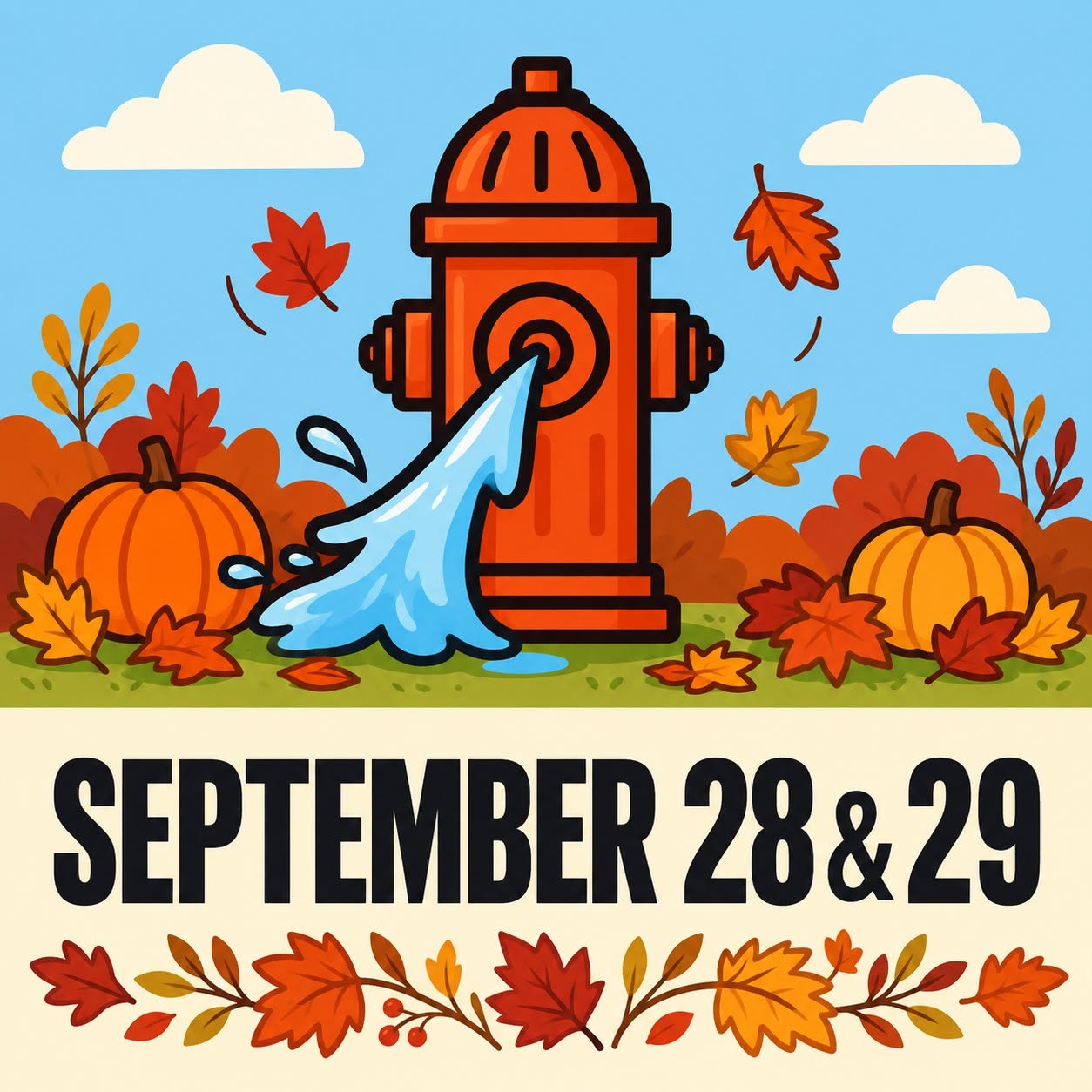 Illustrated fire hydrant graphic with September 28 and 29 flushing dates