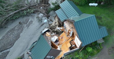 Aerial view of storm damage to a building beside a road