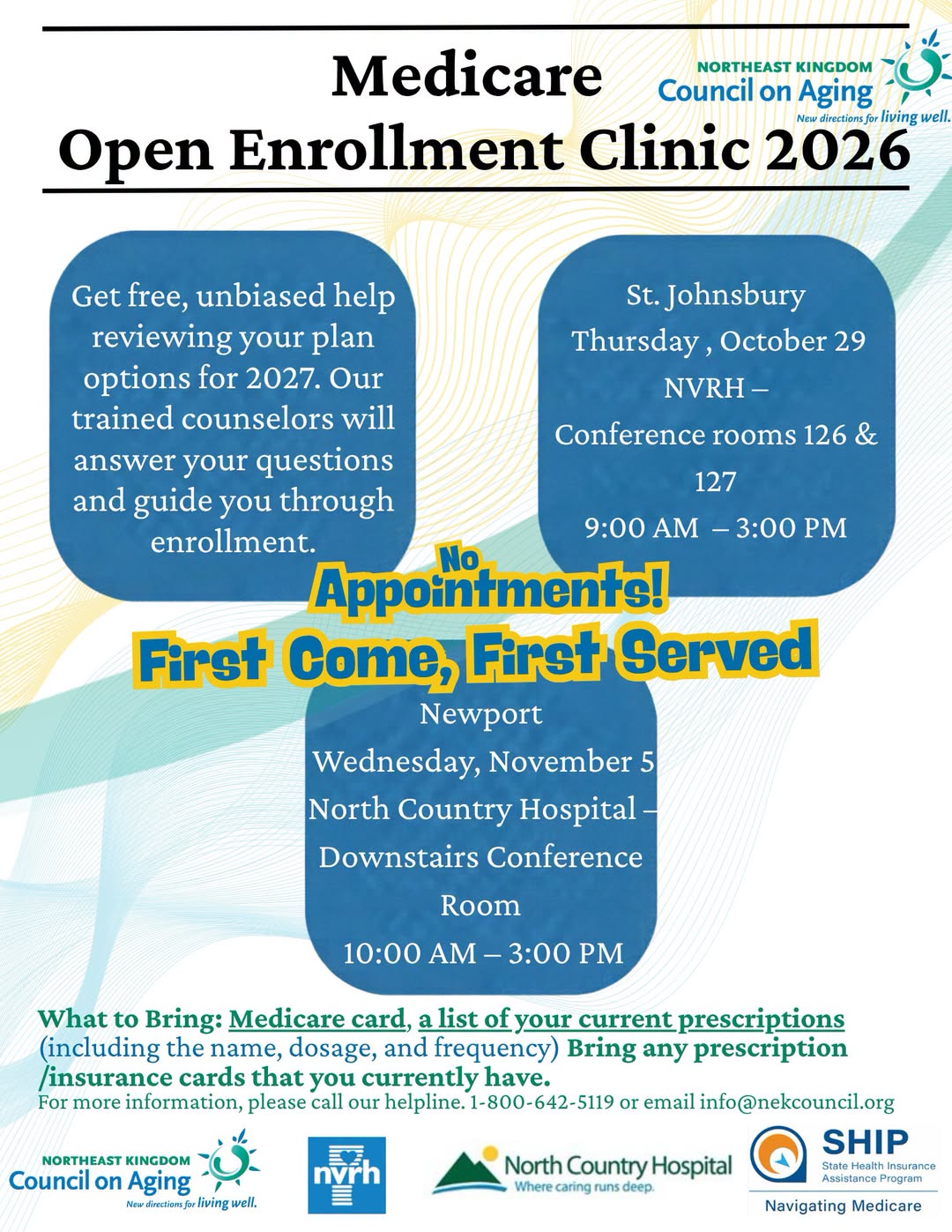 Medicare Open Enrollment Clinic 2026 flyer, Northeast Kingdom Council on Aging