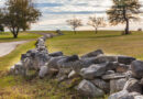 Old New England stone wall winding through a forest