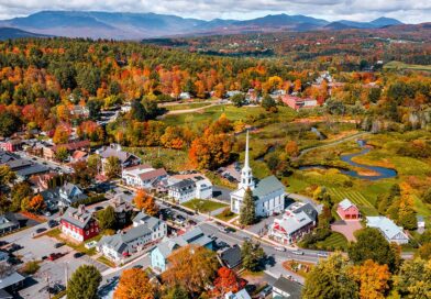Stowe, Vermont village in fall foliage