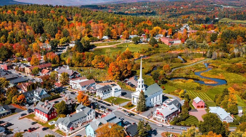 Stowe, Vermont village in fall foliage