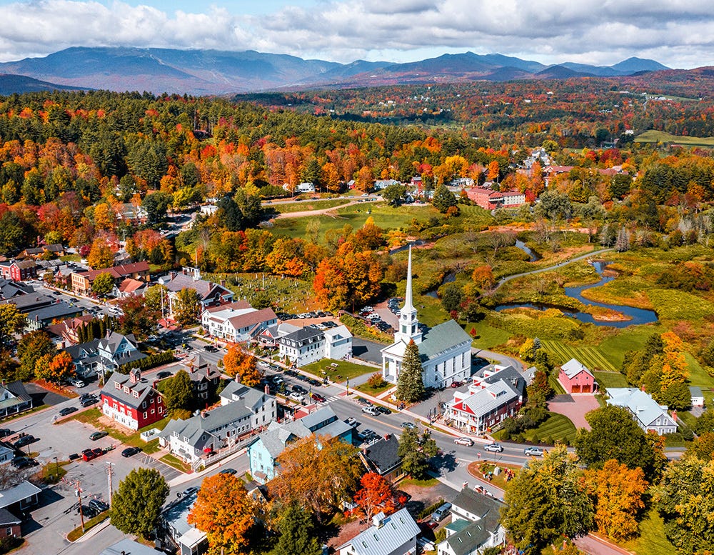Stowe, Vermont village in fall foliage