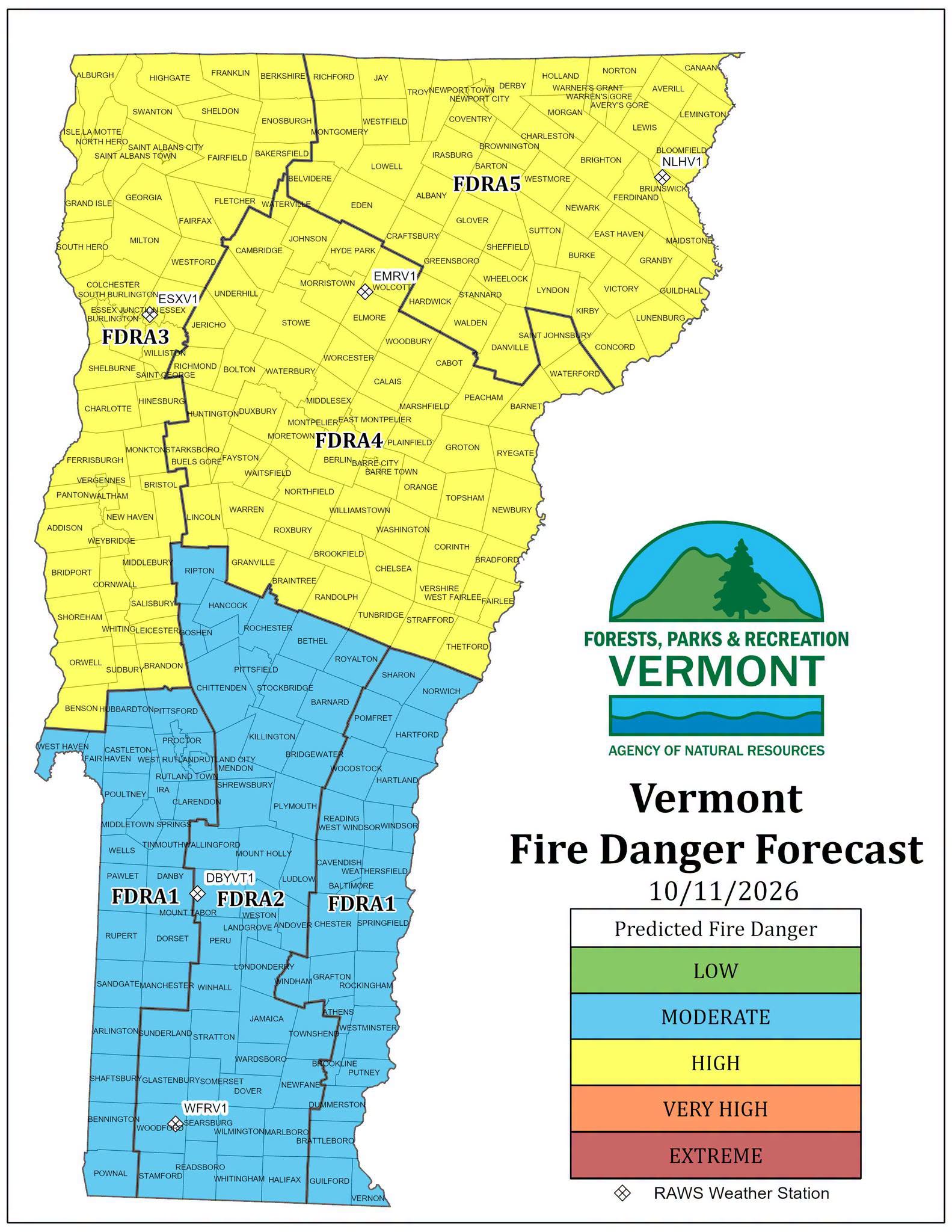 Vermont Fire Danger Forecast map for October 11, 2026
