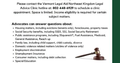 Vermont Legal Aid flyer for the free legal advice clinic for Caledonia, Essex and Orleans residents on October 14, 2026