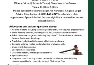 Vermont Legal Aid flyer for the free legal advice clinic for Caledonia, Essex and Orleans residents on October 14, 2026