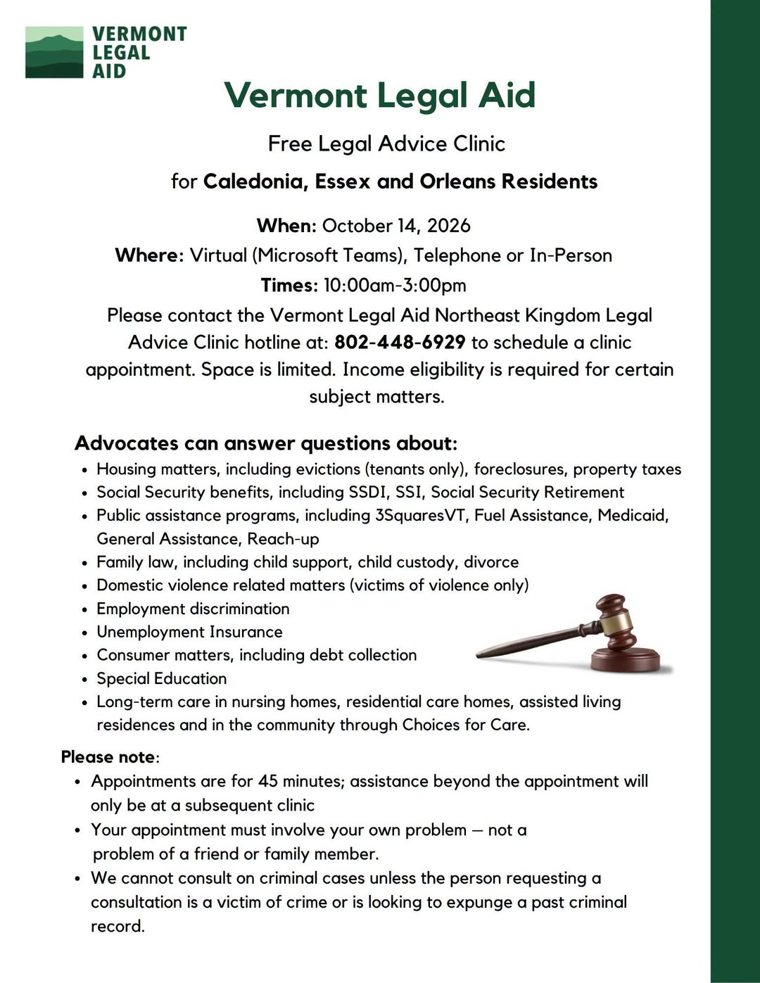 Vermont Legal Aid flyer for the free legal advice clinic for Caledonia, Essex and Orleans residents on October 14, 2026