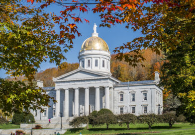 Vermont State House in Montpelier surrounded by fall foliage