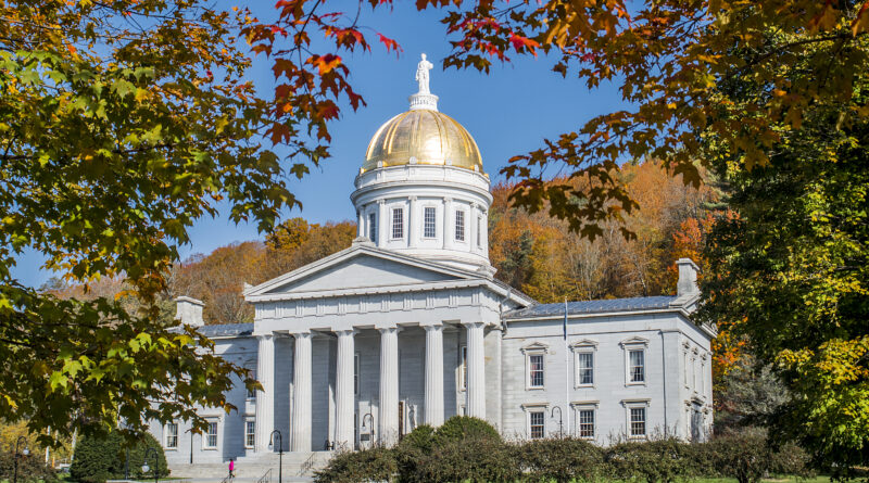 Vermont State House in Montpelier surrounded by fall foliage